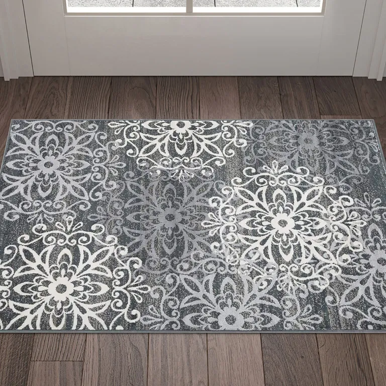 Slate And Gray Medallion Power Loom Stain Resistant Area Rug Photo 5