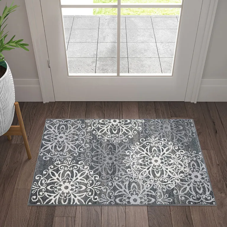 Slate And Gray Medallion Power Loom Stain Resistant Area Rug Photo 2