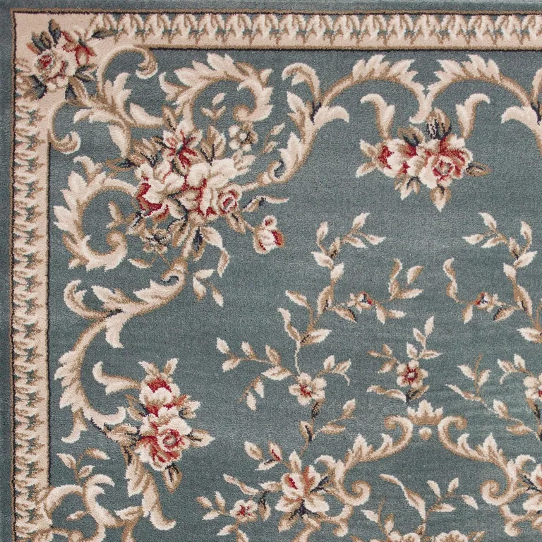 Slate Blue Bordered Floral Indoor Runner Rug Photo 2