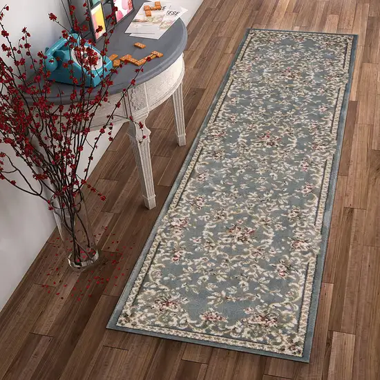 Slate Blue Bordered Floral Indoor Runner Rug Photo 6