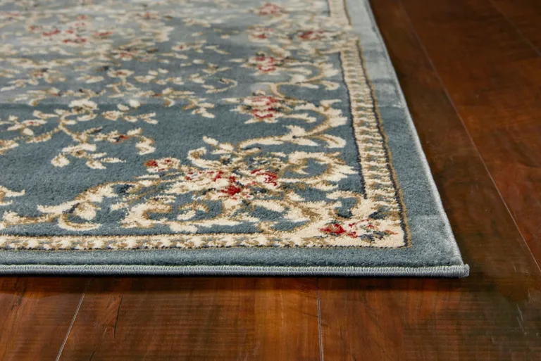 Slate Blue Bordered Floral Indoor Runner Rug Photo 5