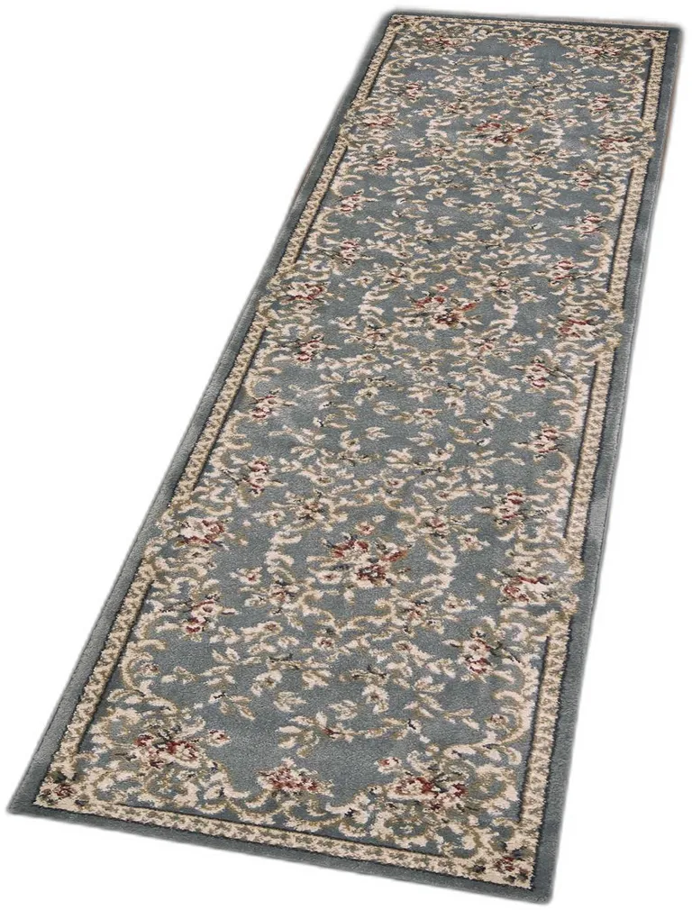 Slate Blue Bordered Floral Indoor Runner Rug Photo 4