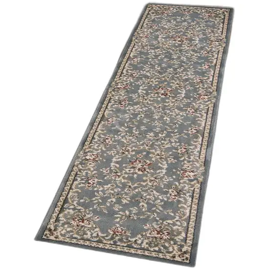 Slate Blue Bordered Floral Indoor Runner Rug Photo 4