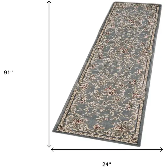 Slate Blue Bordered Floral Indoor Runner Rug Photo 7