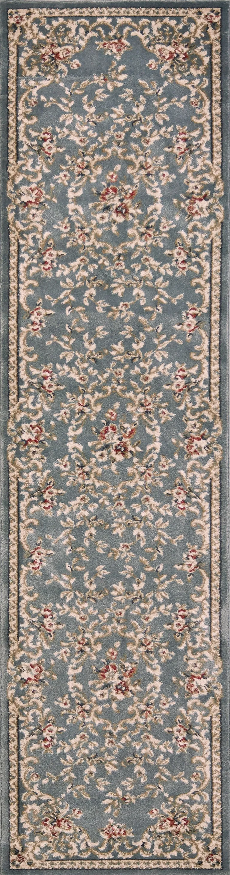 Slate Blue Bordered Floral Indoor Runner Rug Photo 1