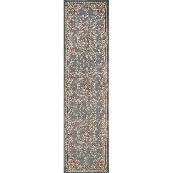 Slate Blue Bordered Floral Indoor Runner Rug Photo 1