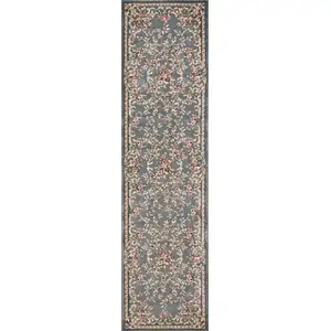 Photo of Slate Blue Bordered Floral Indoor Runner Rug