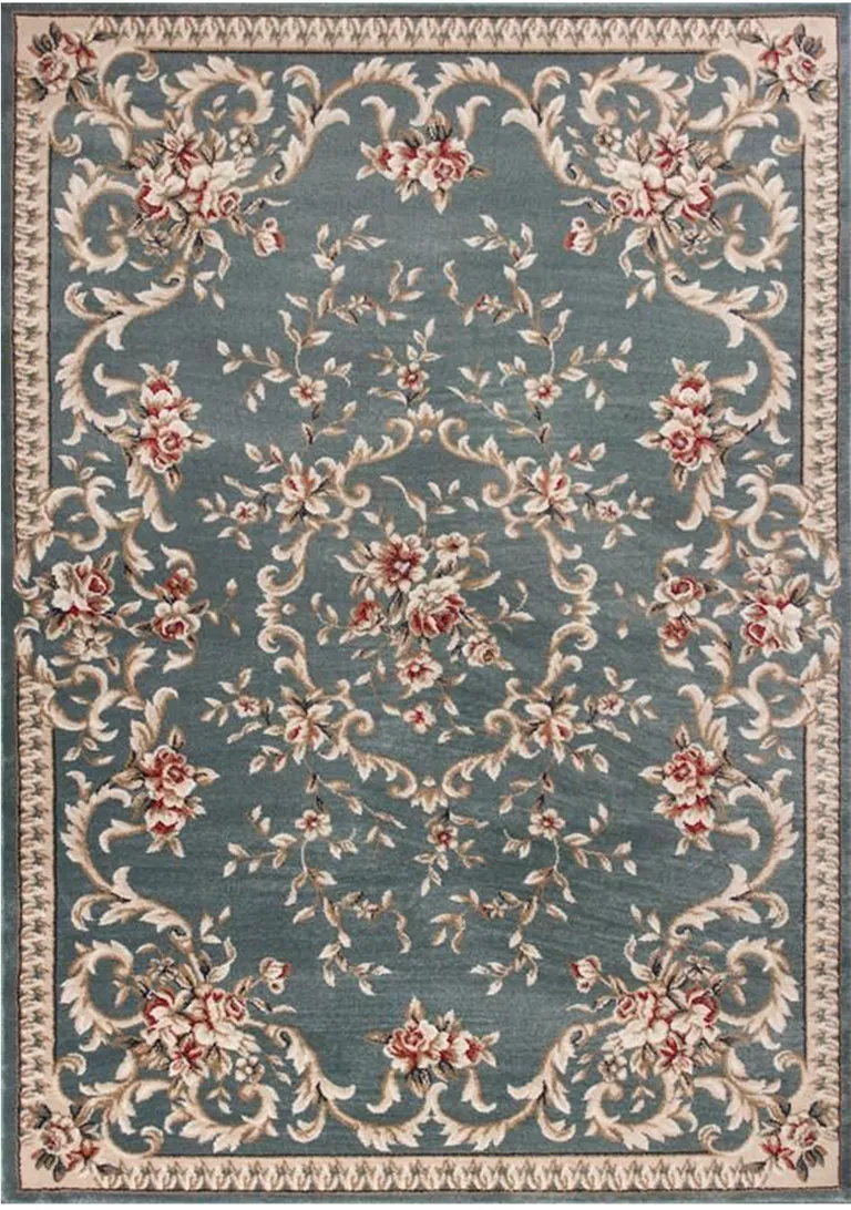 Slate Blue Floral Bordered Indoor Area Rug Photo 1