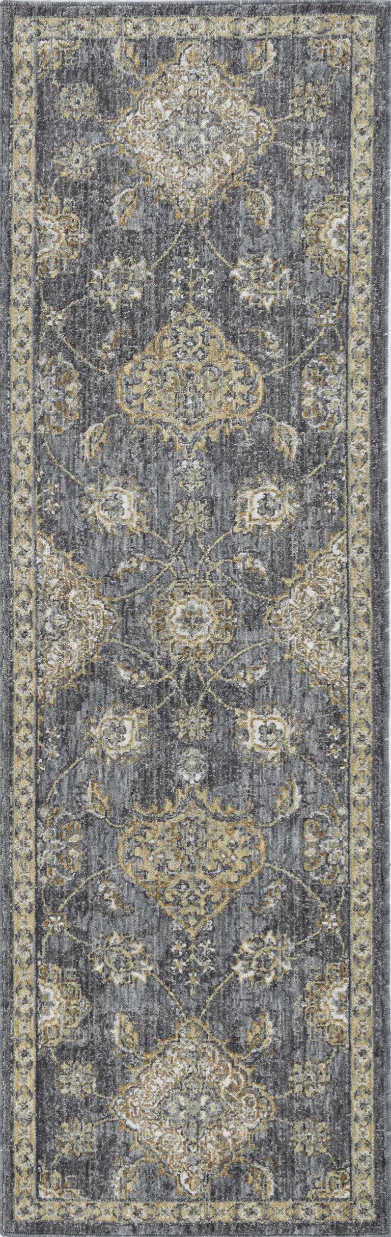 Slate Grey Floral Vine Wool Indoor Runner Rug Photo 1