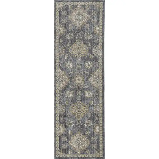 Slate Grey Floral Vine Wool Indoor Runner Rug Photo 3