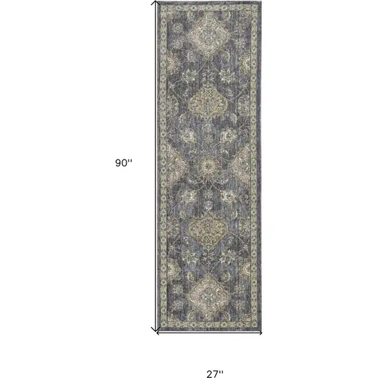 2' X 7' Slate Grey Floral Vine Wool Indoor Runner Rug Photo 3