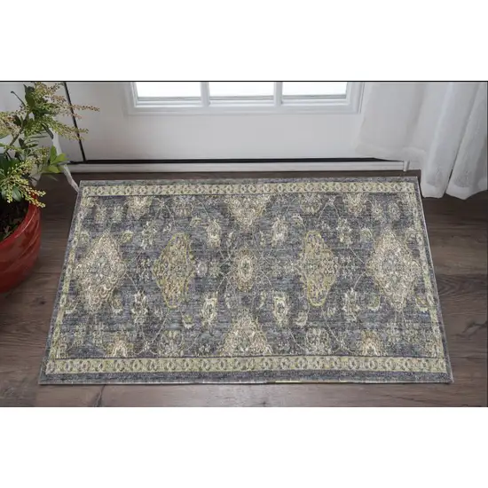 3'X5' Slate Grey Machine Woven Bordered Floral Vines Indoor Area Rug Photo 2