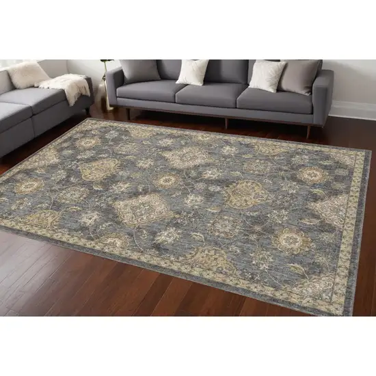 Slate Grey Machine Woven Bordered Floral Vines Indoor Area Rug Photo 1