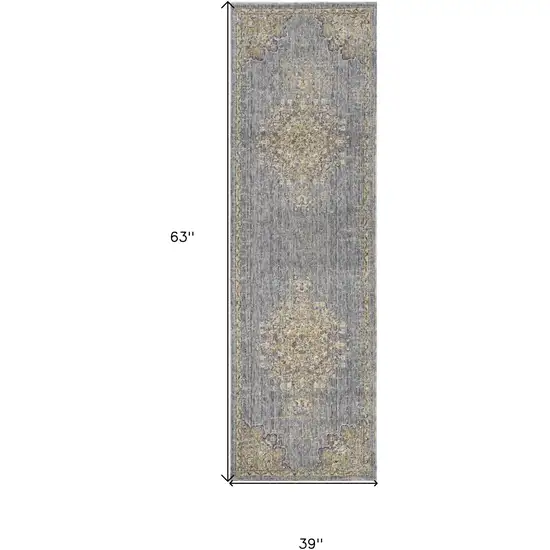 Slate Grey Medallion Bordered Wool Indoor Area Rug Photo 3