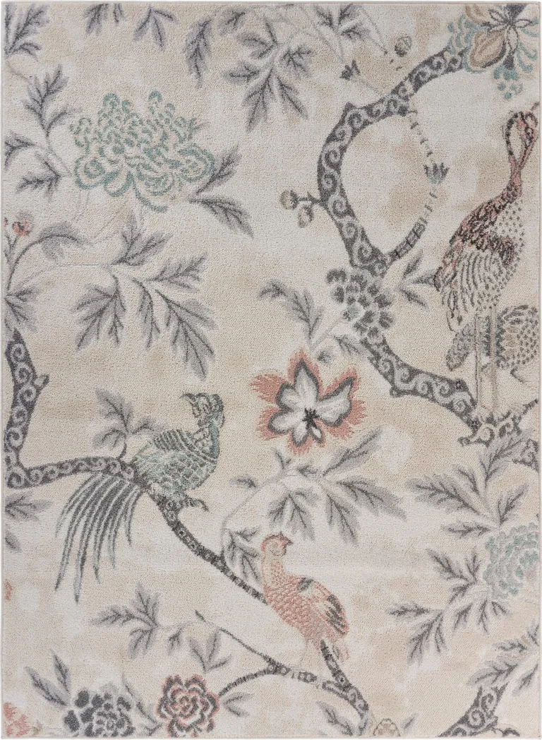 Soft Beige Birds and Trees Area Rug Photo 1