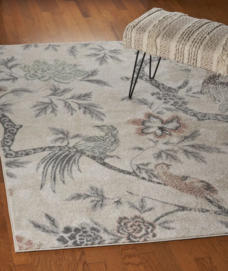 Soft Beige Birds and Trees Area Rug Photo 5