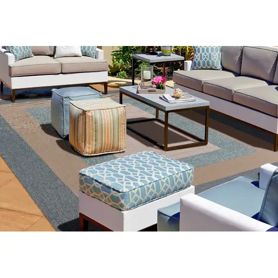 Spa Blue Beige Hand Hooked UV Treated Bordered Indoor Outdoor Area Rug Photo 3