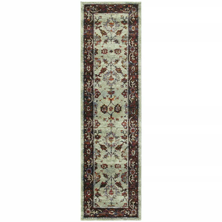 Stone And Red Oriental Power Loom Stain Resistant Runner Rug Photo 1