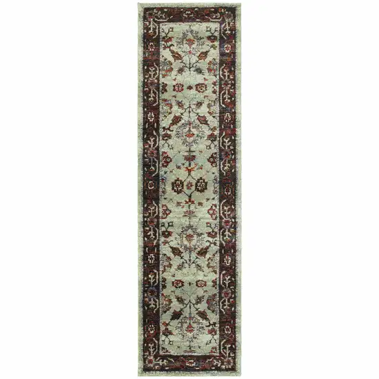 Stone And Red Oriental Power Loom Stain Resistant Runner Rug Photo 1