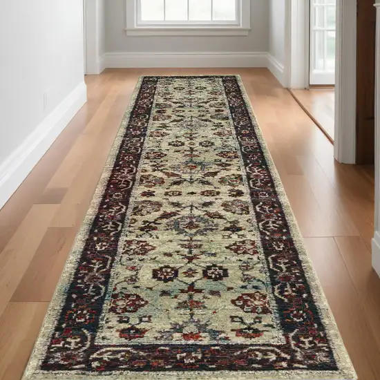 12' Runner Stone and Red Oriental Power Loom Runner Rug Photo 1