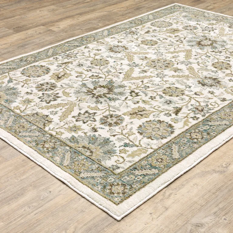 Stone Grey Ivory Green Brown Teal And Light Blue Oriental Power Loom Stain Resistant Area Rug Photo 5