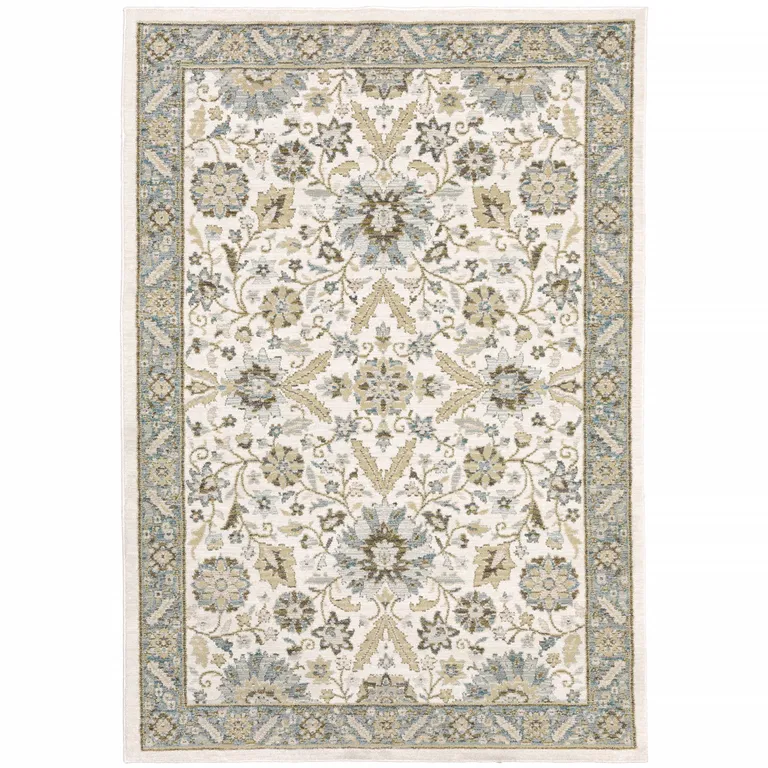 Stone Grey Ivory Green Brown Teal And Light Blue Oriental Power Loom Stain Resistant Area Rug Photo 1