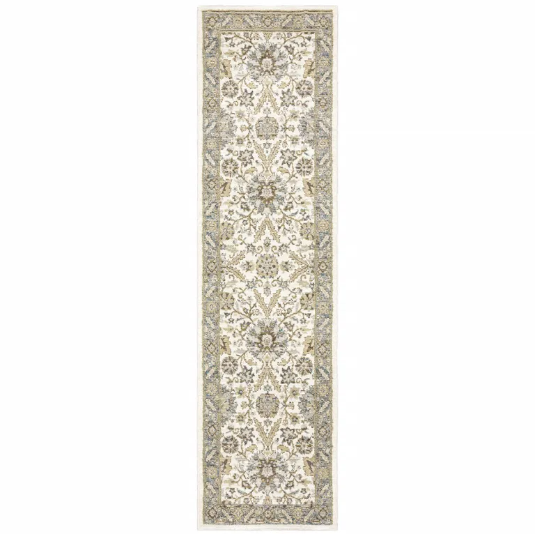 Stone Grey Ivory Green Brown Teal And Light Blue Oriental Power Loom Stain Resistant Runner Rug Photo 1