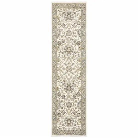 Stone Grey Ivory Green Brown Teal And Light Blue Oriental Power Loom Stain Resistant Runner Rug Photo 1