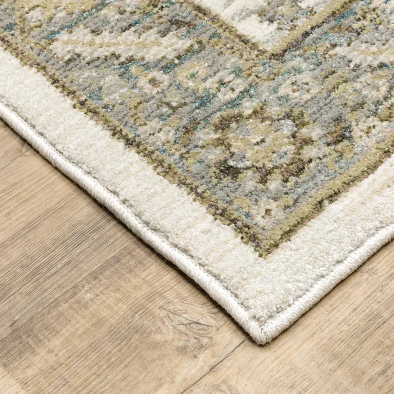 Stone Grey Ivory Green Brown Teal And Light Blue Oriental Power Loom Stain Resistant Runner Rug Photo 4