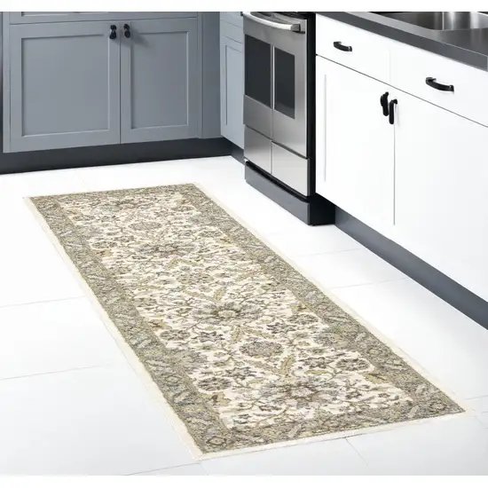 Gray and Ivory Oriental Power Loom Runner Rug Photo 1