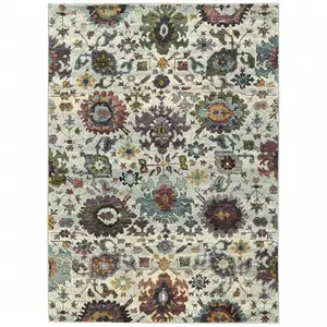 Photo of Stone Grey Purple Green Gold And Teal Oriental Power Loom Stain Resistant Area Rug