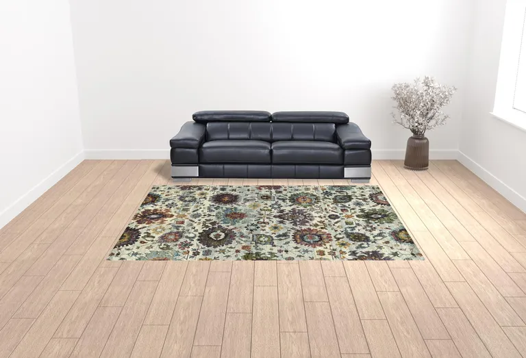 Stone Grey Purple Green Gold And Teal Oriental Power Loom Stain Resistant Area Rug Photo 4