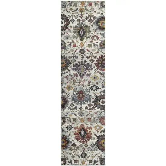 Stone Grey Purple Green Gold And Teal Oriental Power Loom Stain Resistant Runner Rug Photo 1