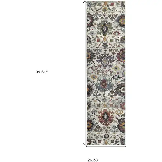 Stone Grey Purple Green Gold And Teal Oriental Power Loom Stain Resistant Runner Rug Photo 6