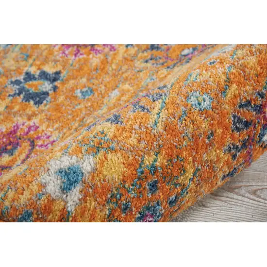 8' Blue And Orange Floral Distressed Runner Rug Photo 4