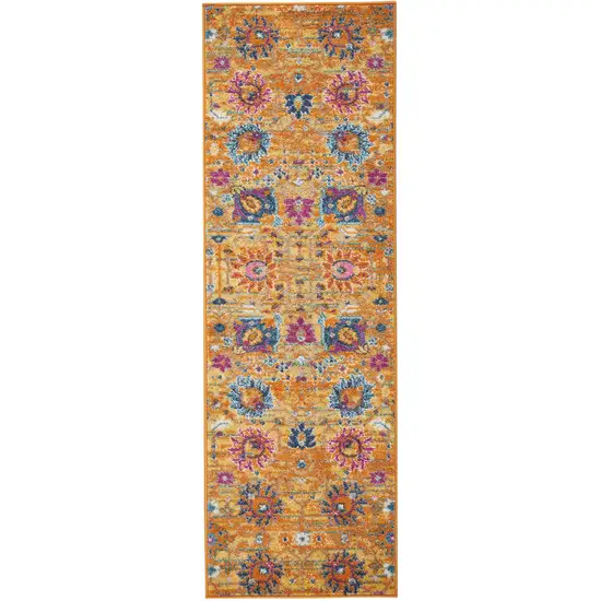 6' Blue And Orange Floral Distressed Runner Rug Photo 1