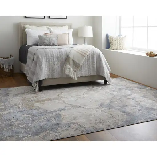 Tan And Blue Abstract Power Loom Distressed Area Rug Photo 8