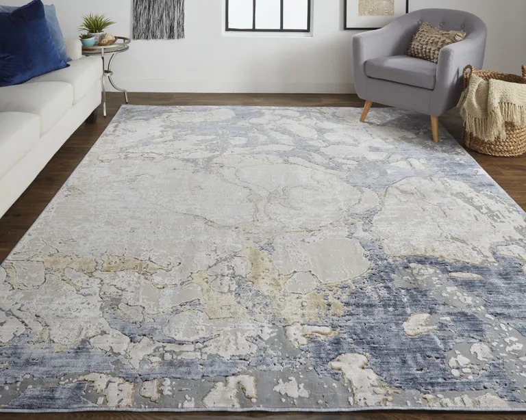 Tan And Blue Abstract Power Loom Distressed Area Rug Photo 4