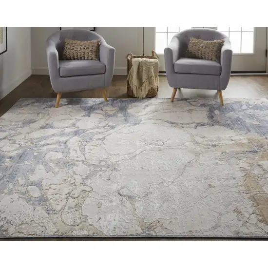 Tan And Blue Abstract Power Loom Distressed Area Rug Photo 6