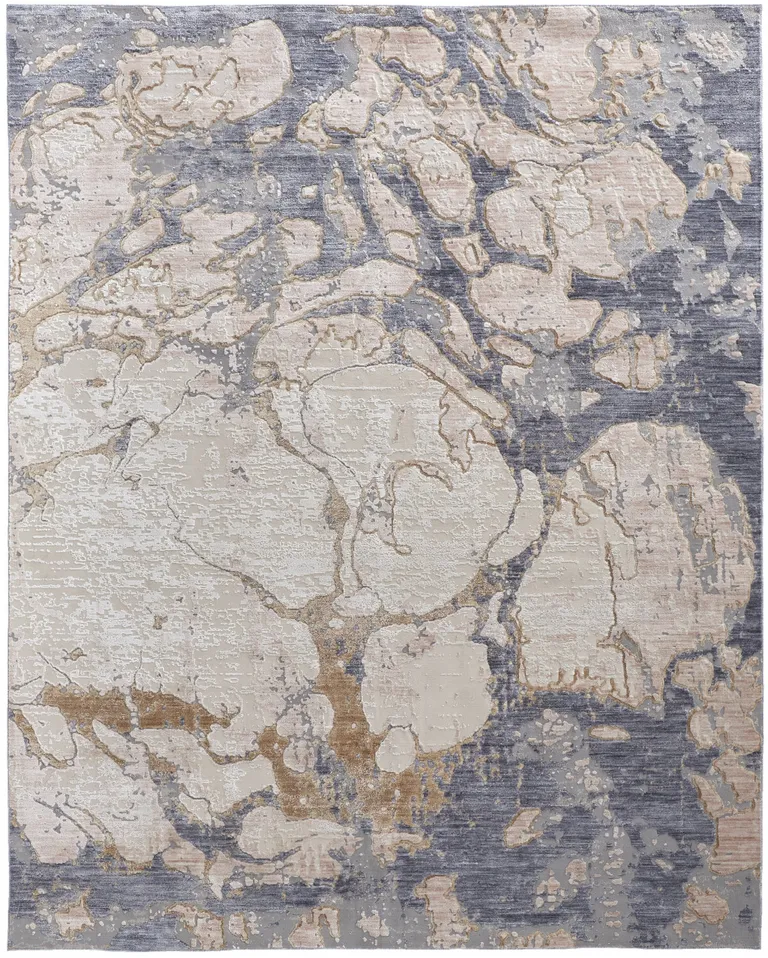 Tan And Blue Abstract Power Loom Distressed Area Rug Photo 1