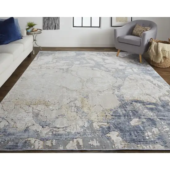 Tan And Blue Abstract Power Loom Distressed Area Rug Photo 4