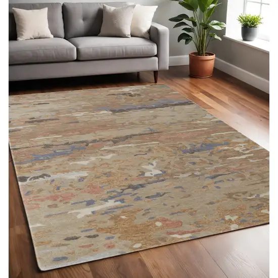 Tan and Blue Wool Abstract Hand Tufted Area Rug Photo 1