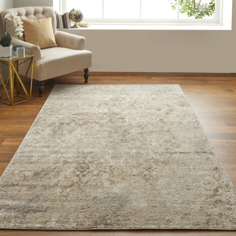 Tan And Ivory Abstract Power Loom Distressed Area Rug Photo 3