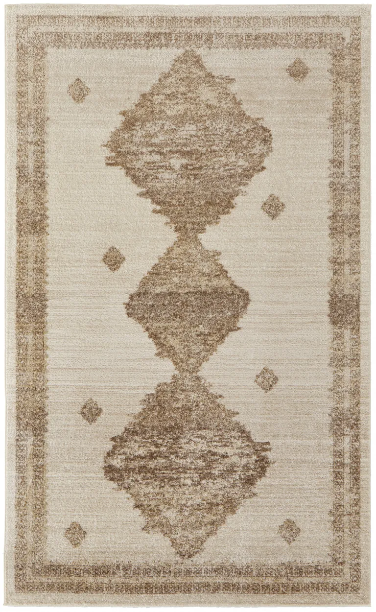 Tan And Ivory Geometric Power Loom Distressed Area Rug Photo 1