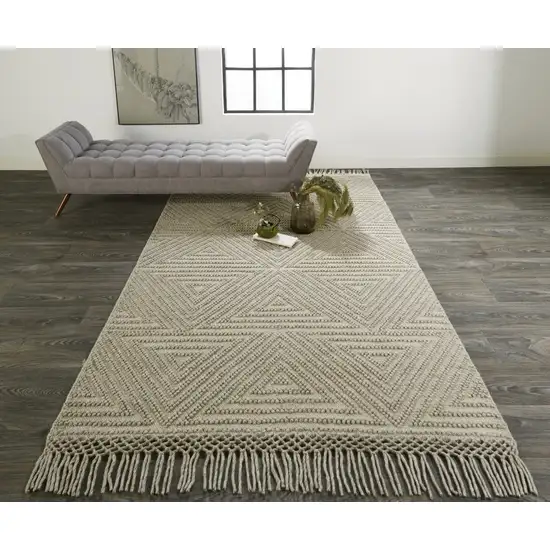 Tan And Ivory Wool Geometric Hand Woven Area Rug With Fringe Photo 5