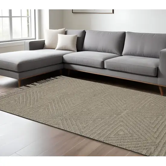 Tan and Ivory Wool Geometric Hand Woven Area Rug With Fringe Photo 1