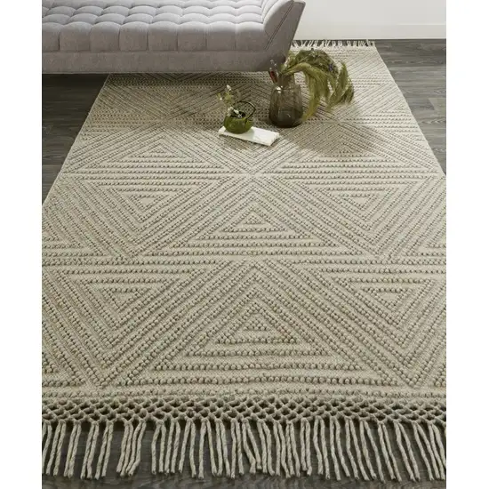 Tan And Ivory Wool Geometric Hand Woven Area Rug With Fringe Photo 6