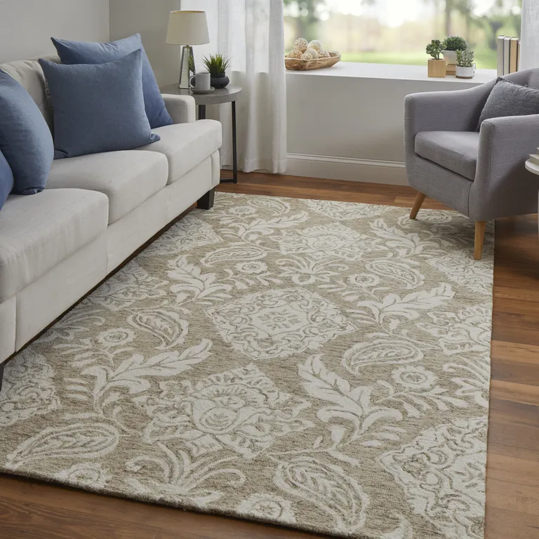 Tan And Ivory Wool Paisley Tufted Handmade Stain Resistant Area Rug Photo 2