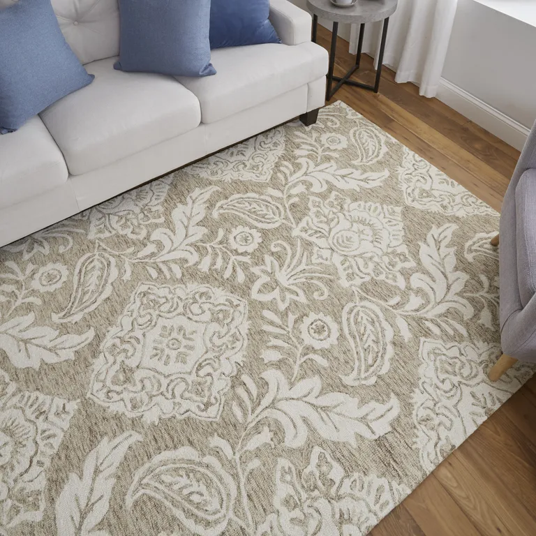 Tan And Ivory Wool Paisley Tufted Handmade Stain Resistant Area Rug Photo 3