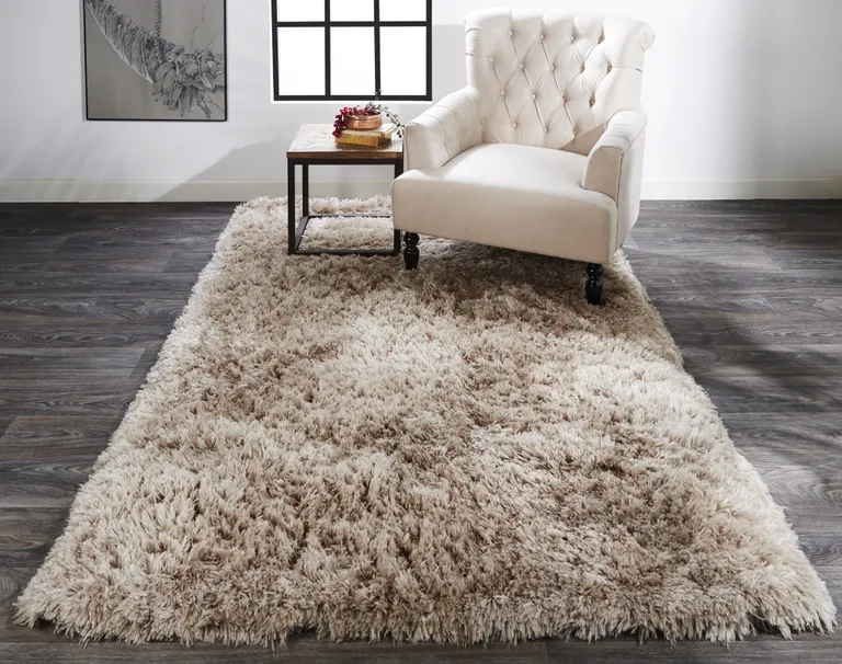 Tan And Taupe Shag Tufted Handmade Stain Resistant Area Rug Photo 3